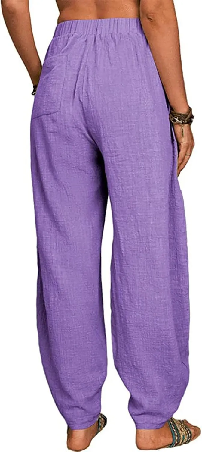 Linen Harem Pants for Women Summer Light Weight Quick Dry Pants Loose Wide Leg Trousers Pocket Elastic Waist Pants