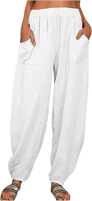 Linen Harem Pants for Women Summer Light Weight Quick Dry Pants Loose Wide Leg Trousers Pocket Elastic Waist Pants
