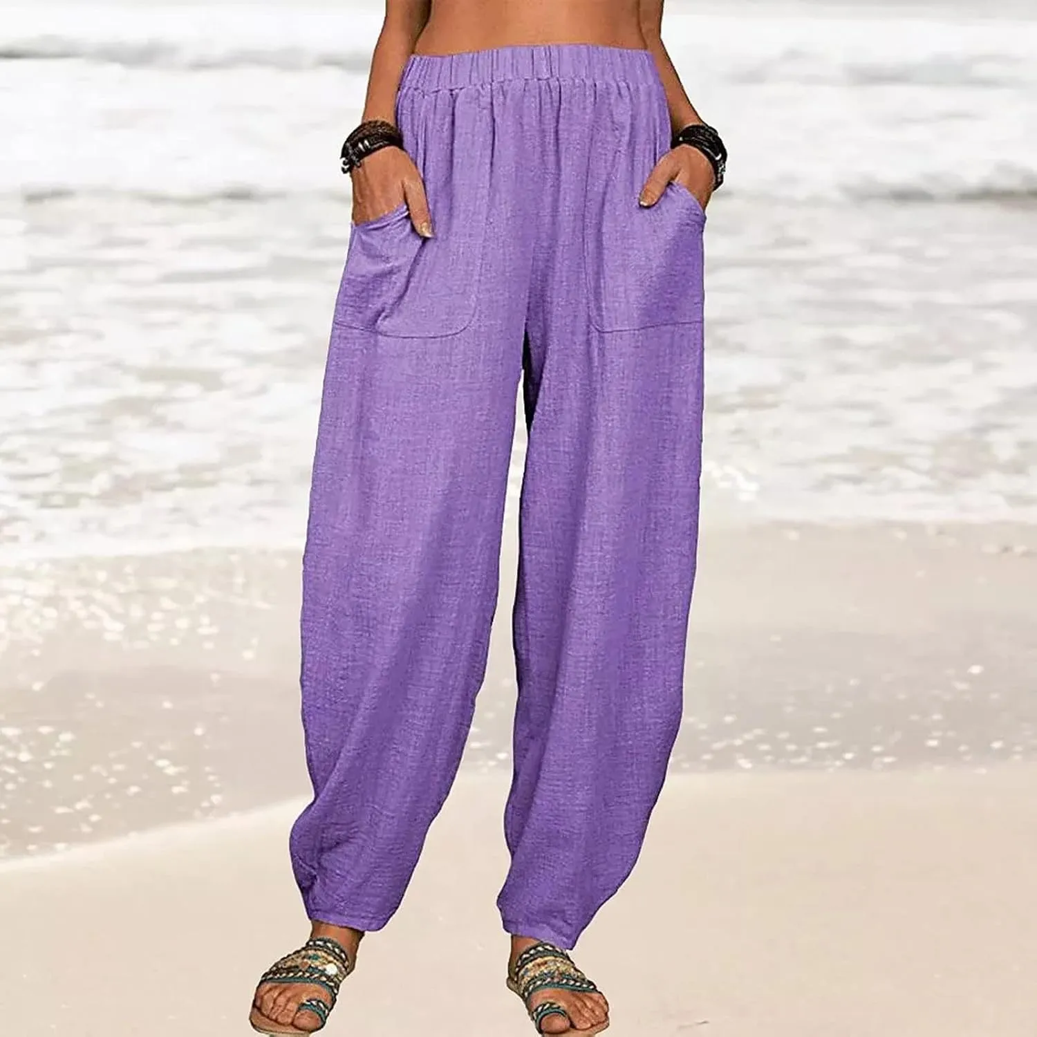 Linen Harem Pants for Women Summer Light Weight Quick Dry Pants Loose Wide Leg Trousers Pocket Elastic Waist Pants