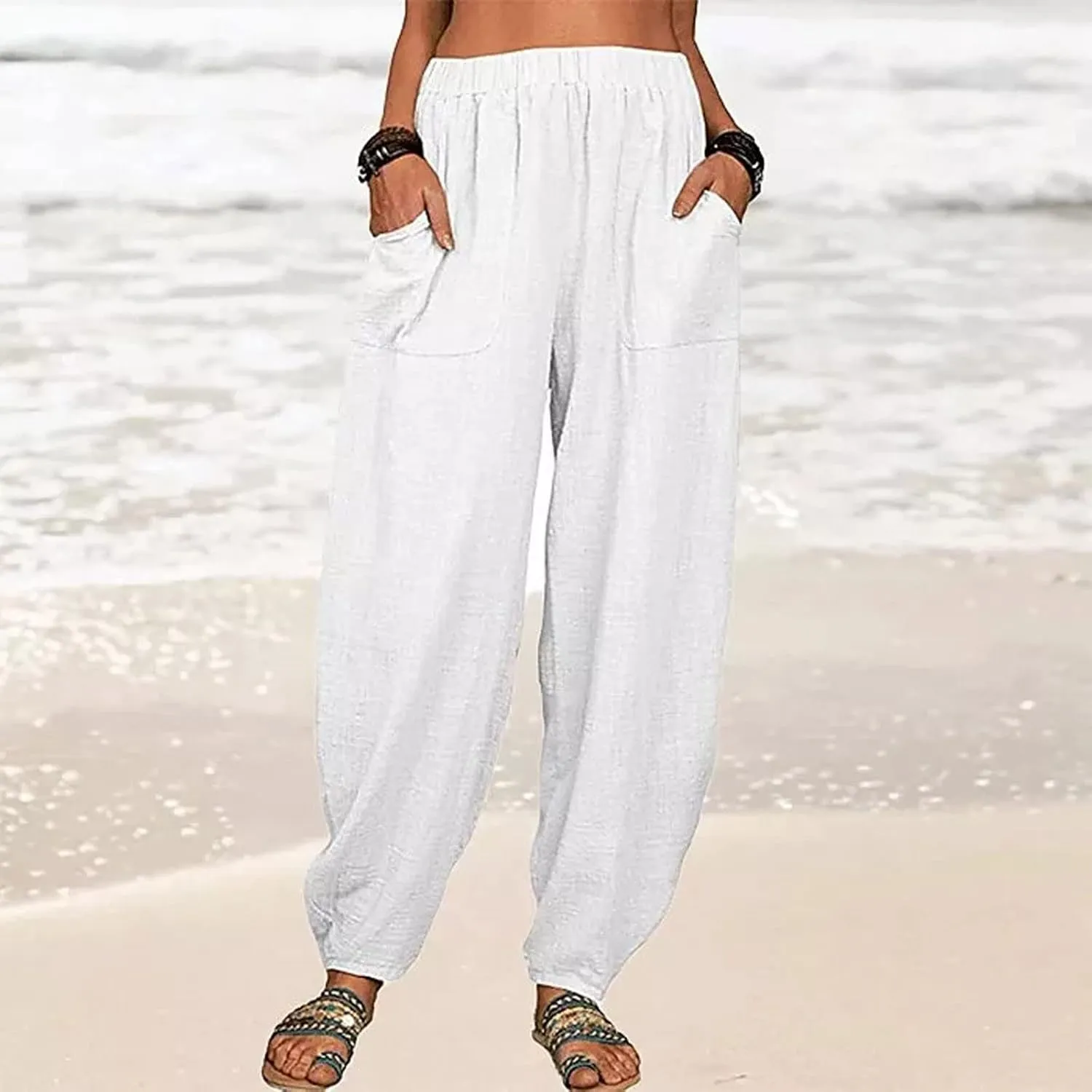 Linen Harem Pants for Women Summer Light Weight Quick Dry Pants Loose Wide Leg Trousers Pocket Elastic Waist Pants