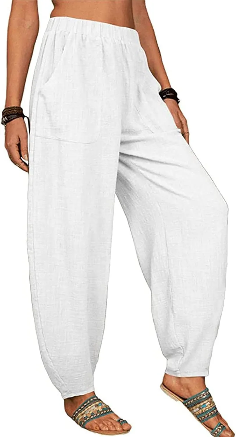 Linen Harem Pants for Women Summer Light Weight Quick Dry Pants Loose Wide Leg Trousers Pocket Elastic Waist Pants