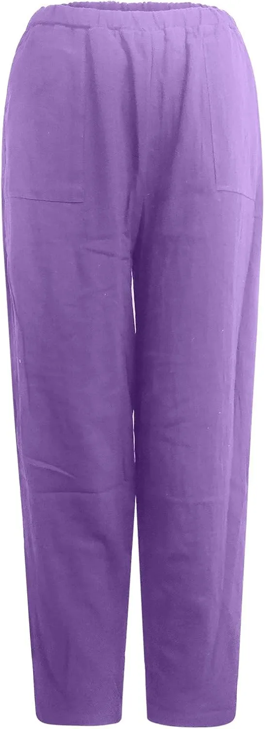 Linen Harem Pants for Women Summer Light Weight Quick Dry Pants Loose Wide Leg Trousers Pocket Elastic Waist Pants