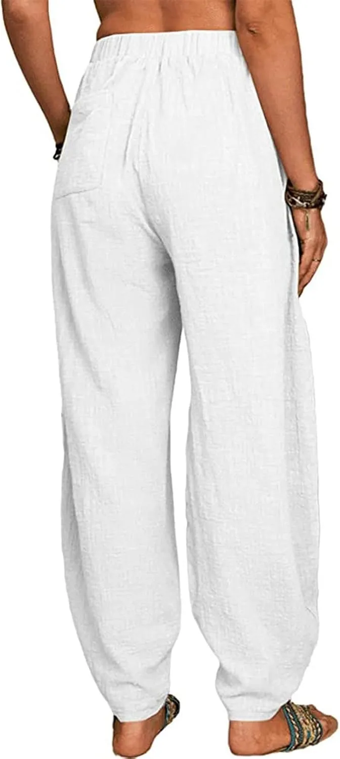 Linen Harem Pants for Women Summer Light Weight Quick Dry Pants Loose Wide Leg Trousers Pocket Elastic Waist Pants