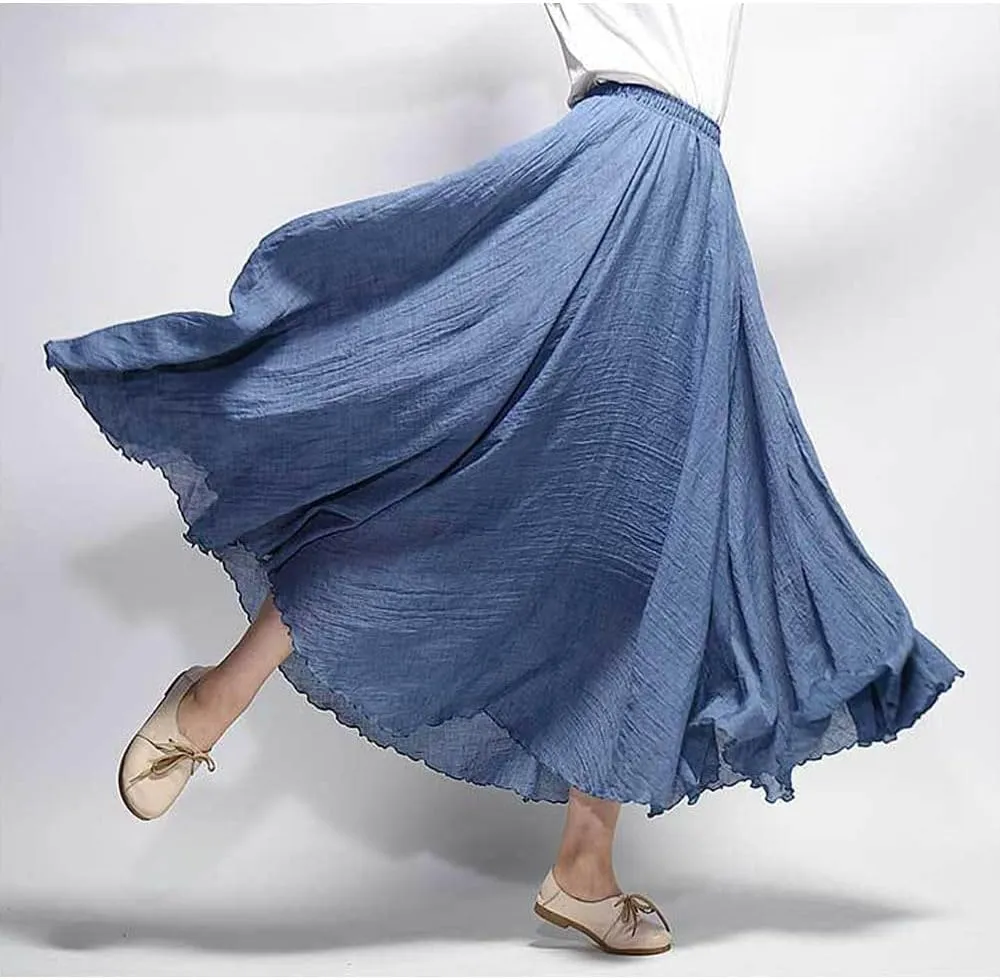 Linen Maxi Skirts for Women, Bohemian Style Elastic Waist Band Cotton Linen Long Maxi Skirt Dress Double Layer Skirts