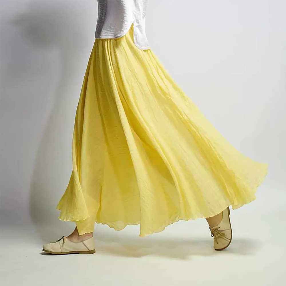 Linen Maxi Skirts for Women, Bohemian Style Elastic Waist Band Cotton Linen Long Maxi Skirt Dress Double Layer Skirts
