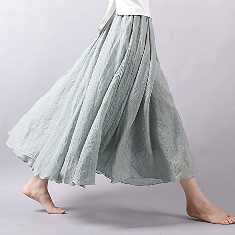 Linen Maxi Skirts for Women, Bohemian Style Elastic Waist Band Cotton Linen Long Maxi Skirt Dress Double Layer Skirts