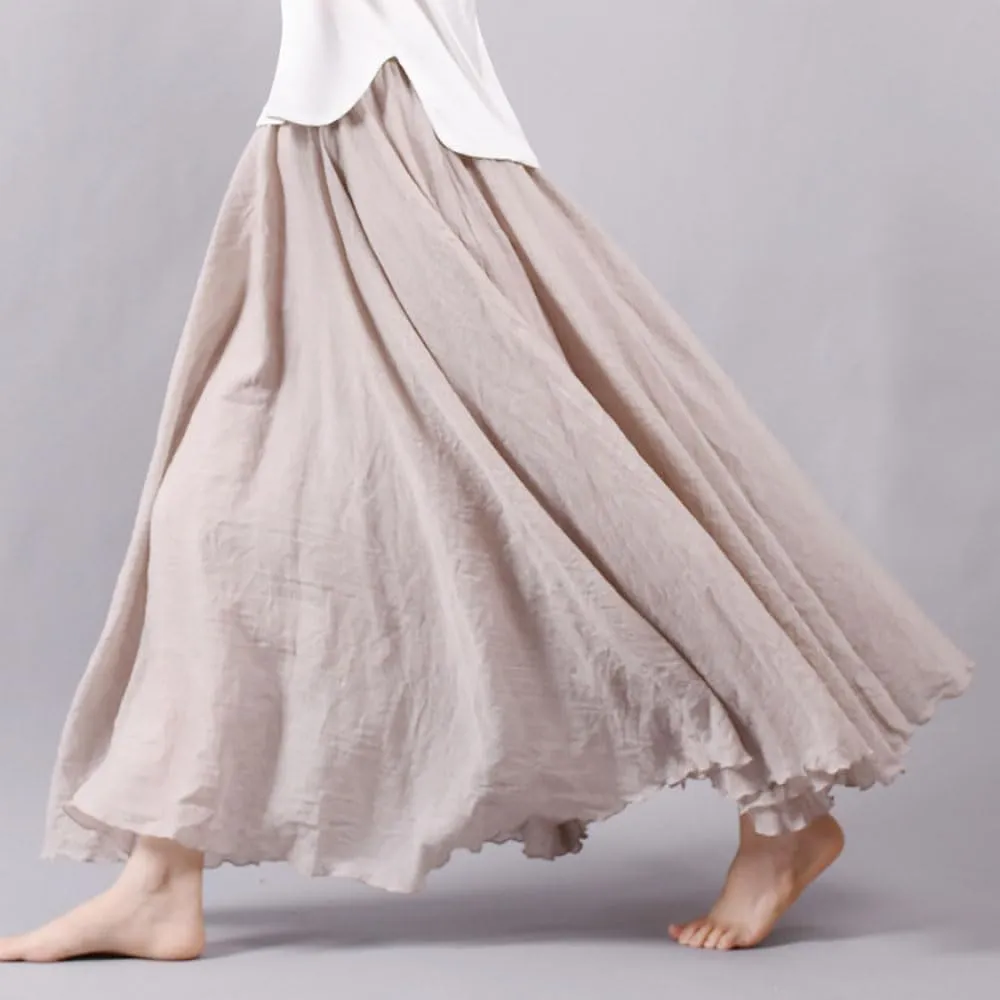 Linen Maxi Skirts for Women, Bohemian Style Elastic Waist Band Cotton Linen Long Maxi Skirt Dress Double Layer Skirts