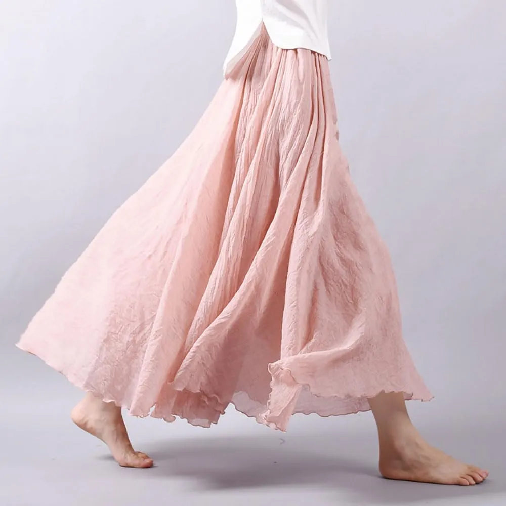 Linen Maxi Skirts for Women, Bohemian Style Elastic Waist Band Cotton Linen Long Maxi Skirt Dress Double Layer Skirts