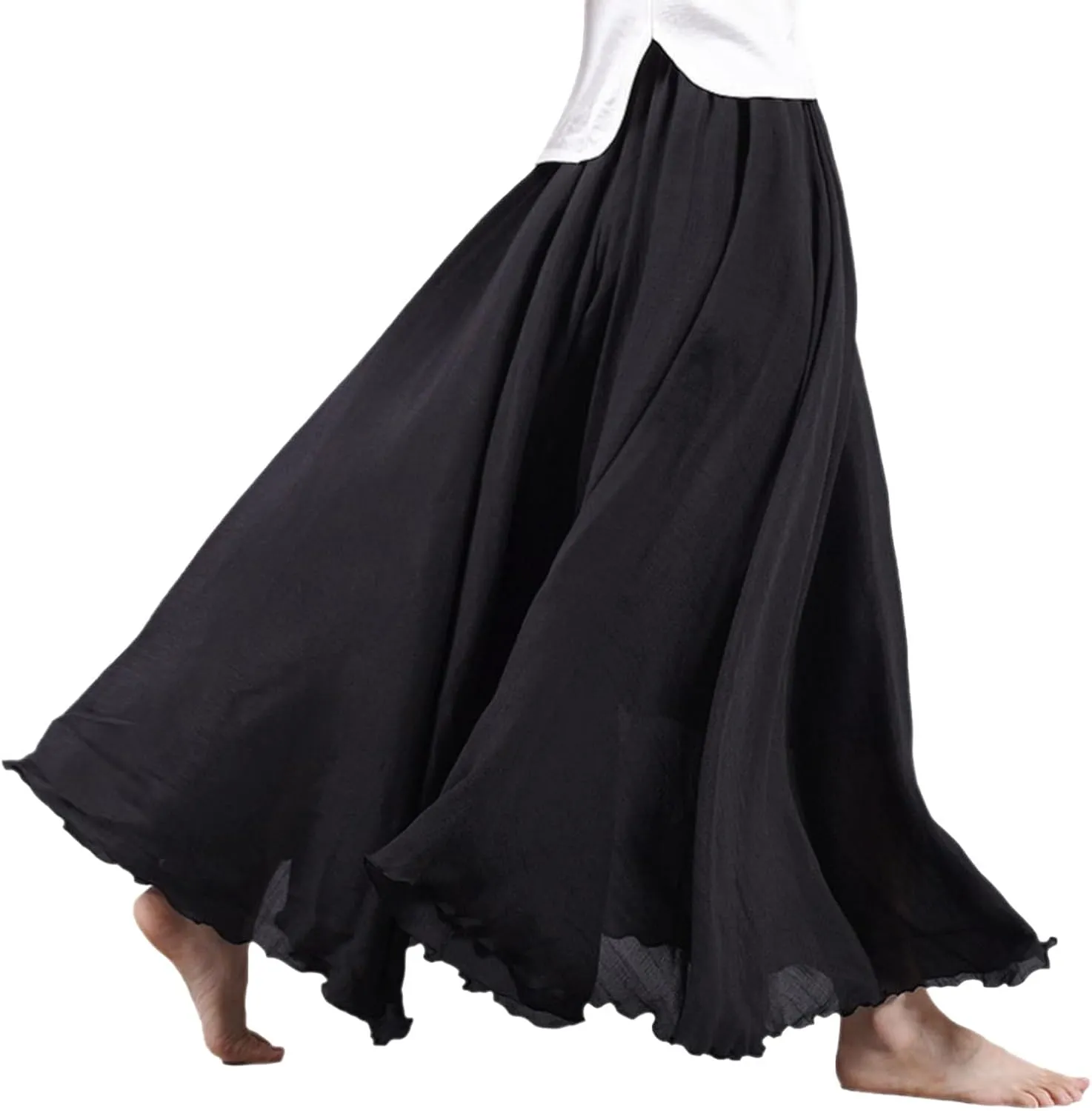 Linen Maxi Skirts for Women, Bohemian Style Elastic Waist Band Cotton Linen Long Maxi Skirt Dress Double Layer Skirts