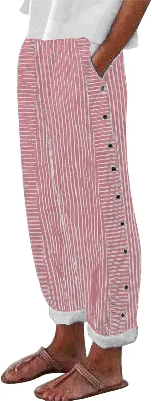 Linen Pants for Women 2025 Trendy Striped Spring Summer Casual Pants High Waist Straight Leg Trousers with Pockets