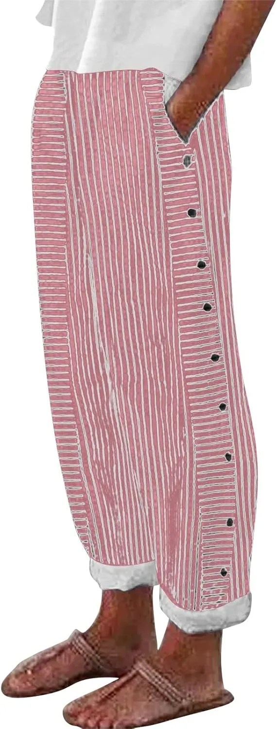 Linen Pants for Women 2025 Trendy Striped Spring Summer Casual Pants High Waist Straight Leg Trousers with Pockets