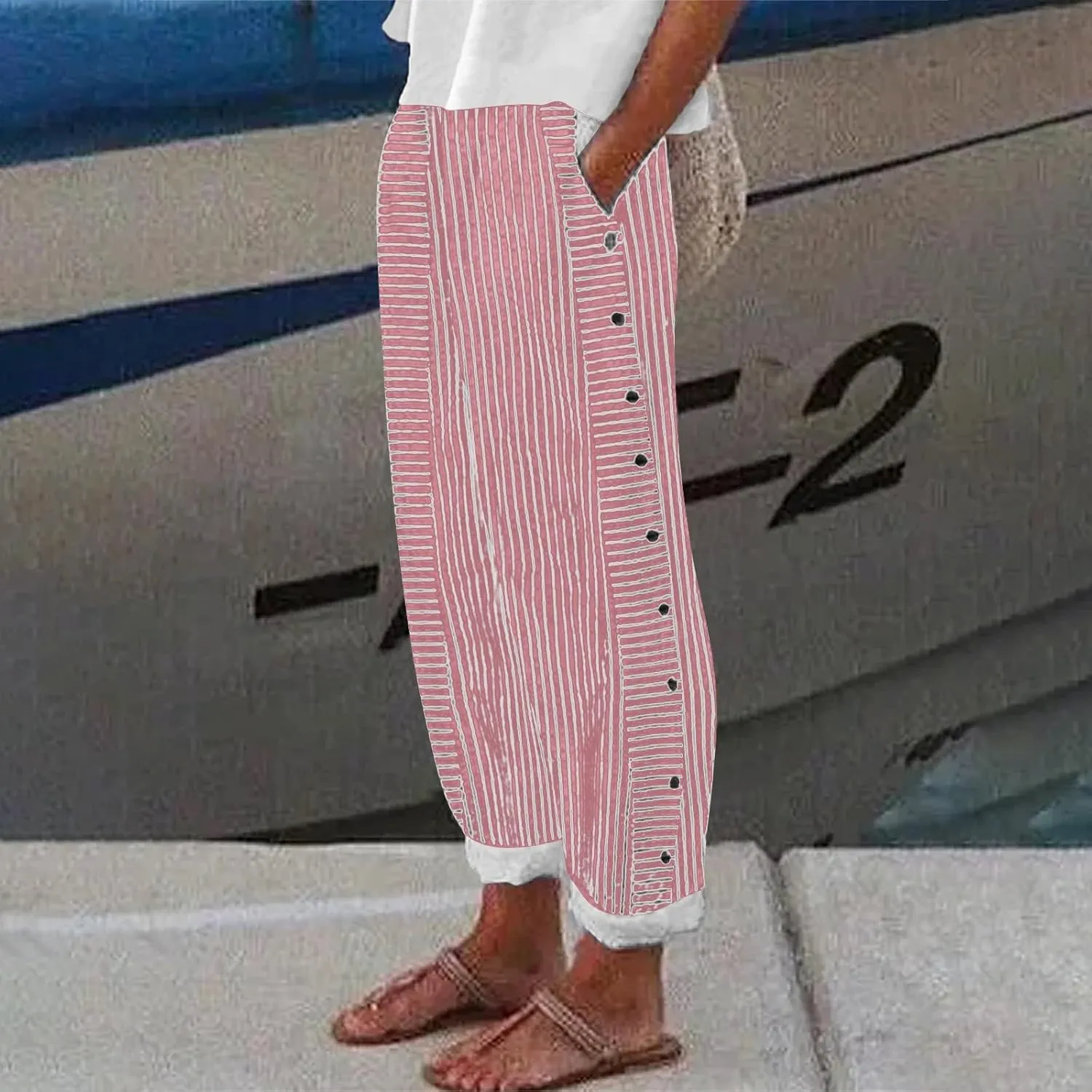 Linen Pants for Women 2025 Trendy Striped Spring Summer Casual Pants High Waist Straight Leg Trousers with Pockets