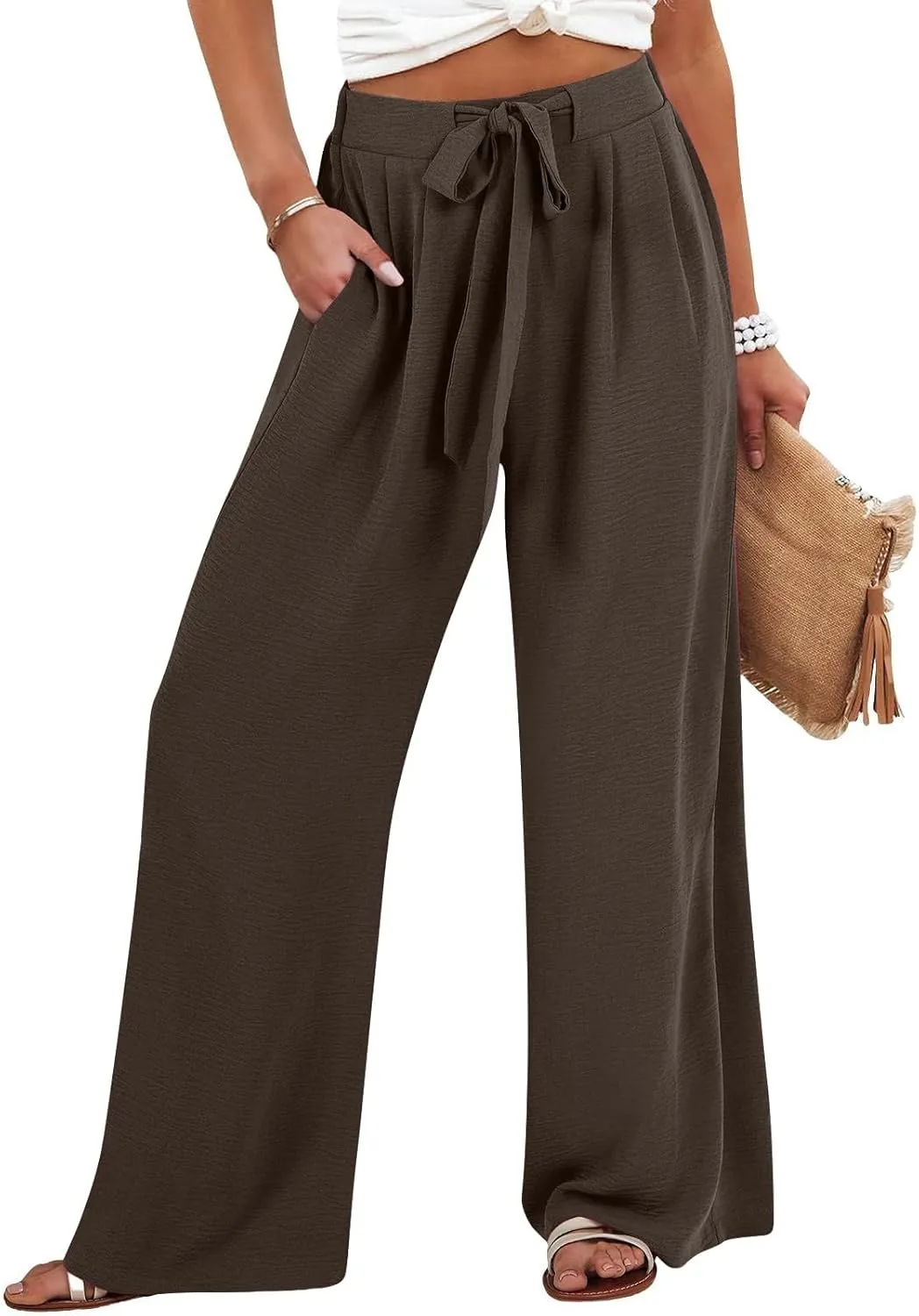 Linen Pants for Women Summer High Waist Drawstring Wide Leg Lounge Trousers Casual Loose Beach Pant with Pocket