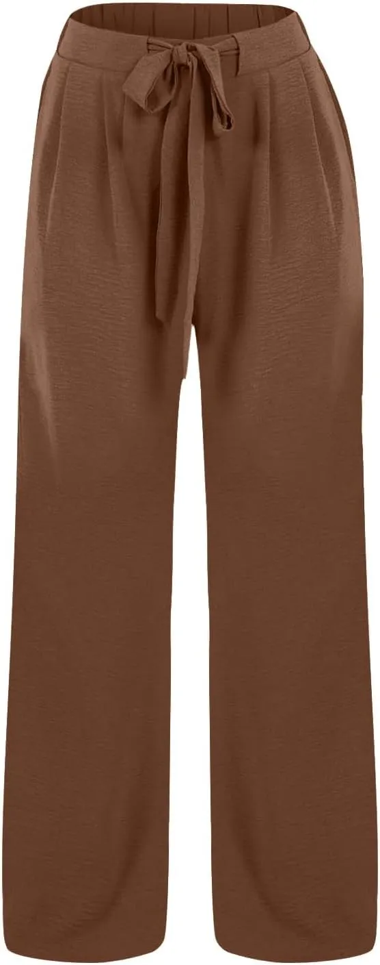 Linen Pants for Women Summer High Waist Drawstring Wide Leg Lounge Trousers Casual Loose Beach Pant with Pocket