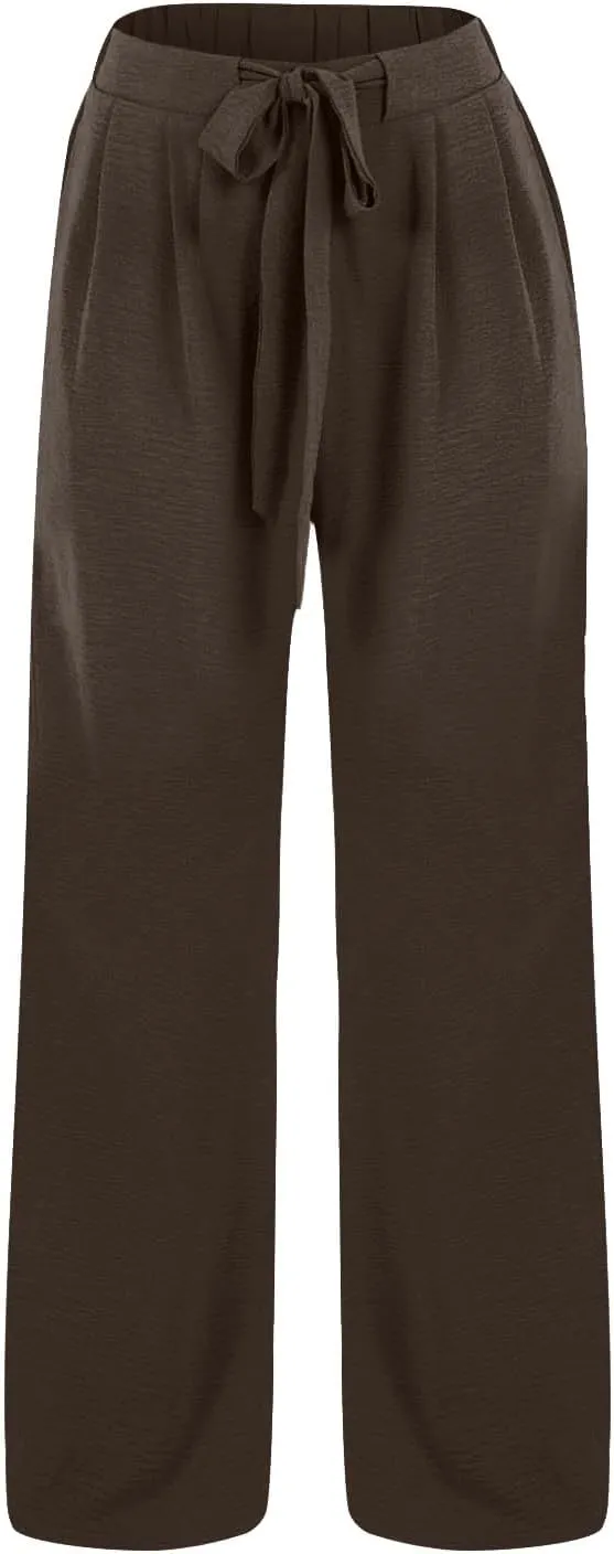 Linen Pants for Women Summer High Waist Drawstring Wide Leg Lounge Trousers Casual Loose Beach Pant with Pocket