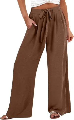 Linen Pants for Women Summer High Waist Drawstring Wide Leg Lounge Trousers Casual Loose Beach Pant with Pocket