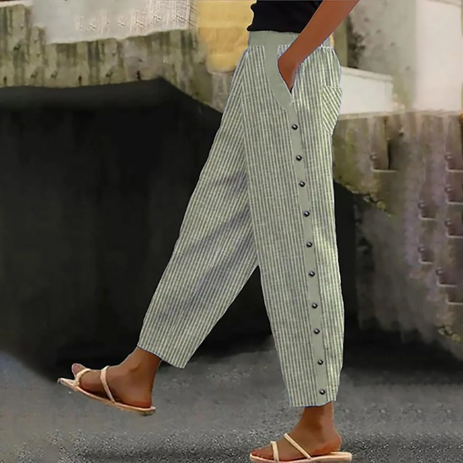 Linen Pants Women Capri Cropped Trousers Comfy Lounge Trouser with Pockets Womens Linen Capri Pants Cotton