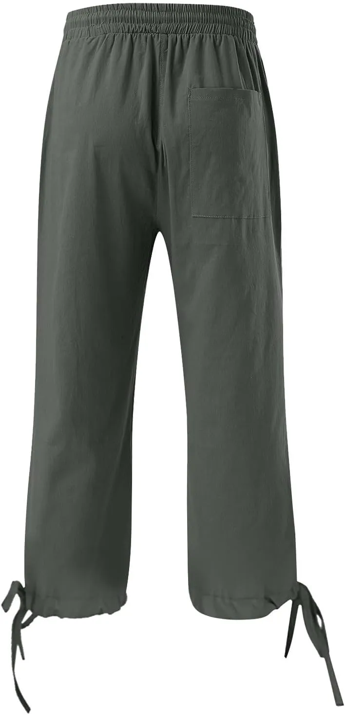 Linen Pants Women- Drawstring with Pockets Striped Loose Baggy Travel Trendy Light Weight Stretch Jogging Workout