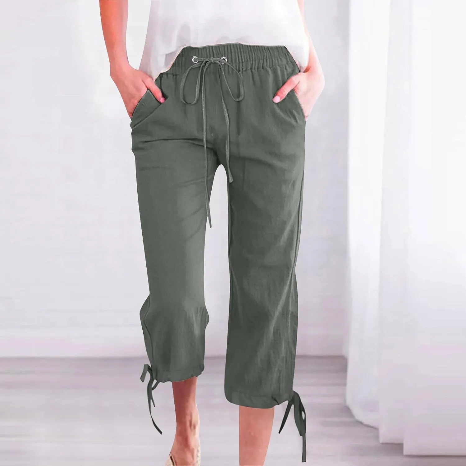 Linen Pants Women- Drawstring with Pockets Striped Loose Baggy Travel Trendy Light Weight Stretch Jogging Workout
