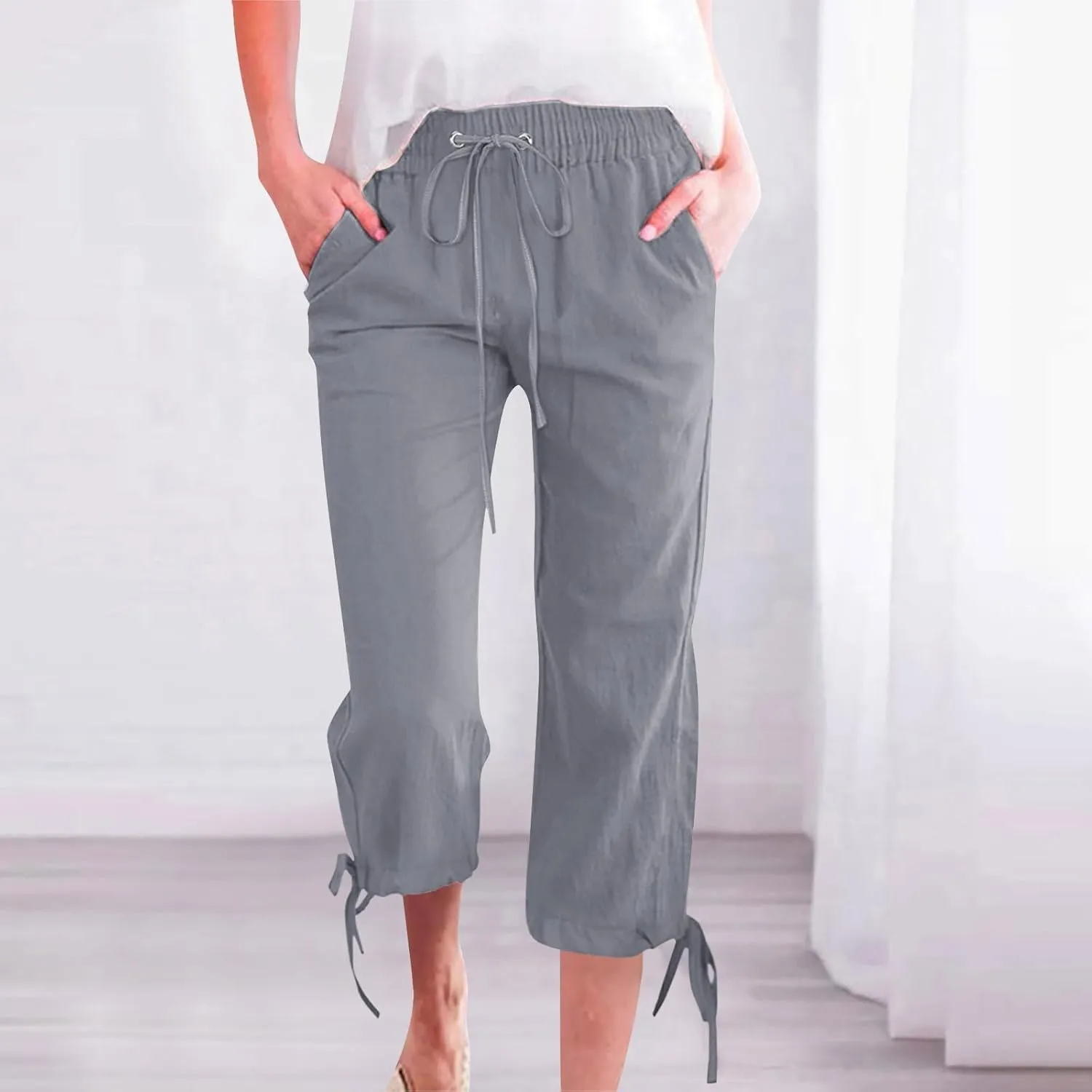 Linen Pants Women- Drawstring with Pockets Striped Loose Baggy Travel Trendy Light Weight Stretch Jogging Workout