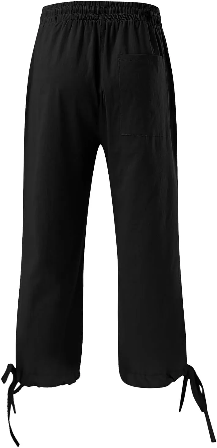 Linen Pants Women- Drawstring with Pockets Striped Loose Baggy Travel Trendy Light Weight Stretch Jogging Workout