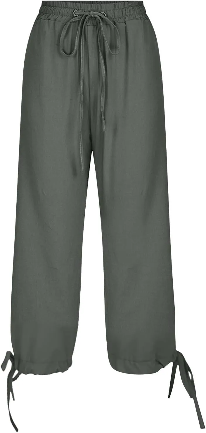 Linen Pants Women- Drawstring with Pockets Striped Loose Baggy Travel Trendy Light Weight Stretch Jogging Workout