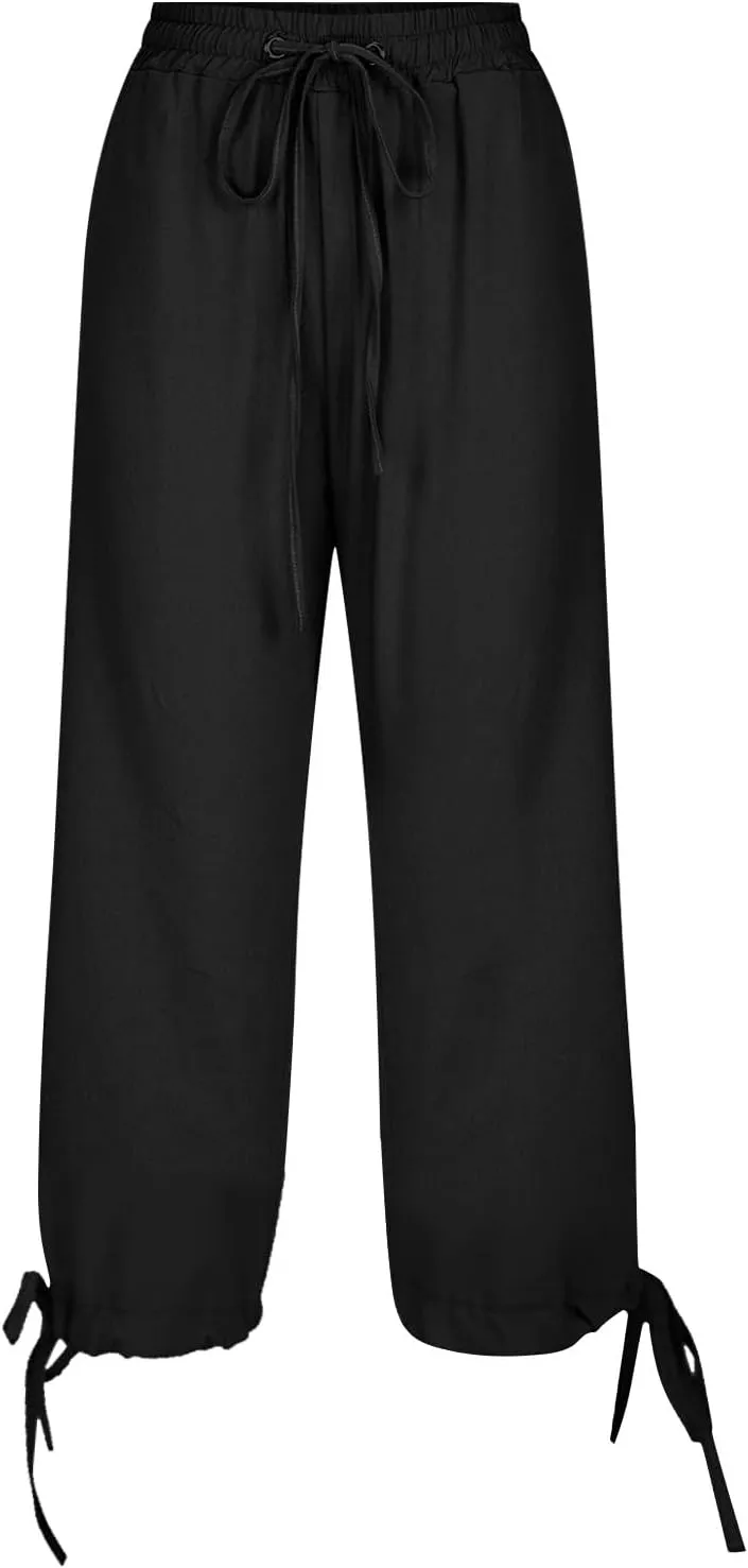 Linen Pants Women- Drawstring with Pockets Striped Loose Baggy Travel Trendy Light Weight Stretch Jogging Workout