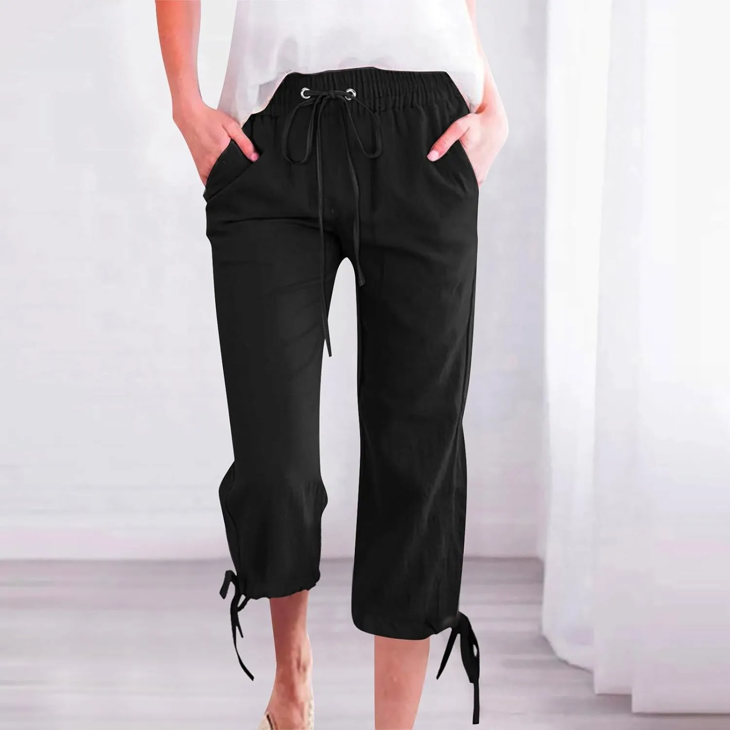 Linen Pants Women- Drawstring with Pockets Striped Loose Baggy Travel Trendy Light Weight Stretch Jogging Workout