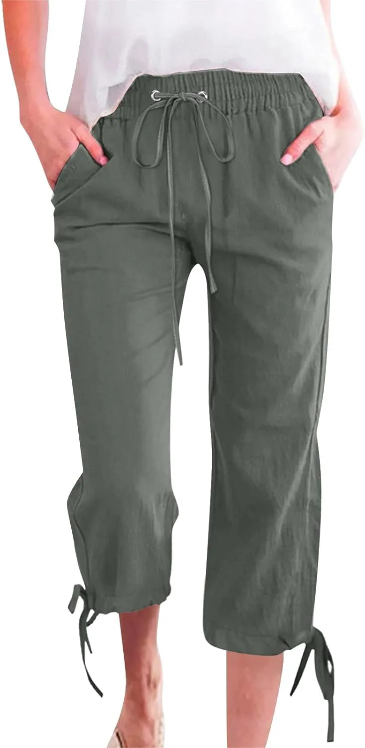 Linen Pants Women- Drawstring with Pockets Striped Loose Baggy Travel Trendy Light Weight Stretch Jogging Workout