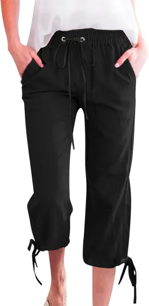 Linen Pants Women- Drawstring with Pockets Striped Loose Baggy Travel Trendy Light Weight Stretch Jogging Workout
