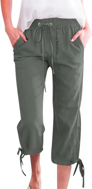 Linen Pants Women- Drawstring with Pockets Striped Loose Baggy Travel Trendy Light Weight Stretch Jogging Workout