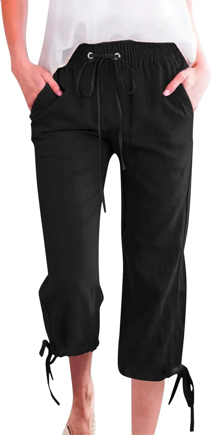 Linen Pants Women- Drawstring with Pockets Striped Loose Baggy Travel Trendy Light Weight Stretch Jogging Workout