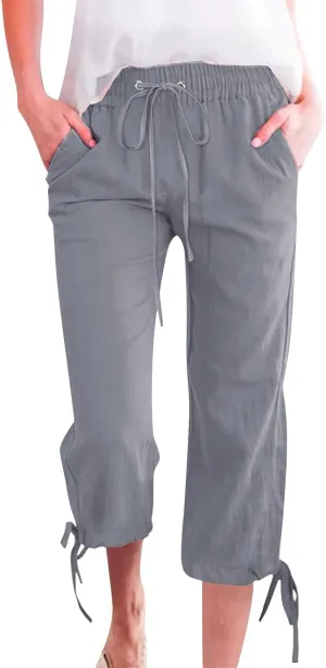 Linen Pants Women- Drawstring with Pockets Striped Loose Baggy Travel Trendy Light Weight Stretch Jogging Workout