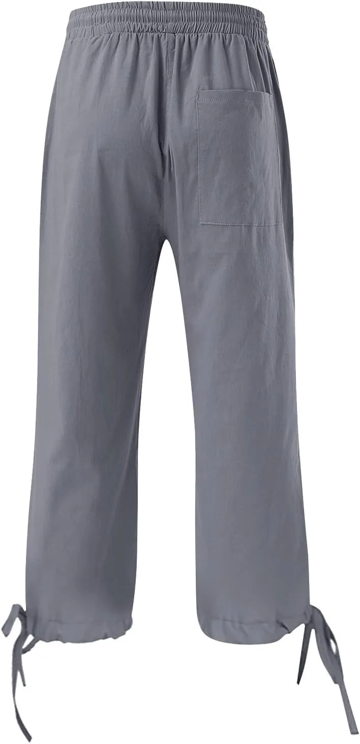 Linen Pants Women- Drawstring with Pockets Striped Loose Baggy Travel Trendy Light Weight Stretch Jogging Workout
