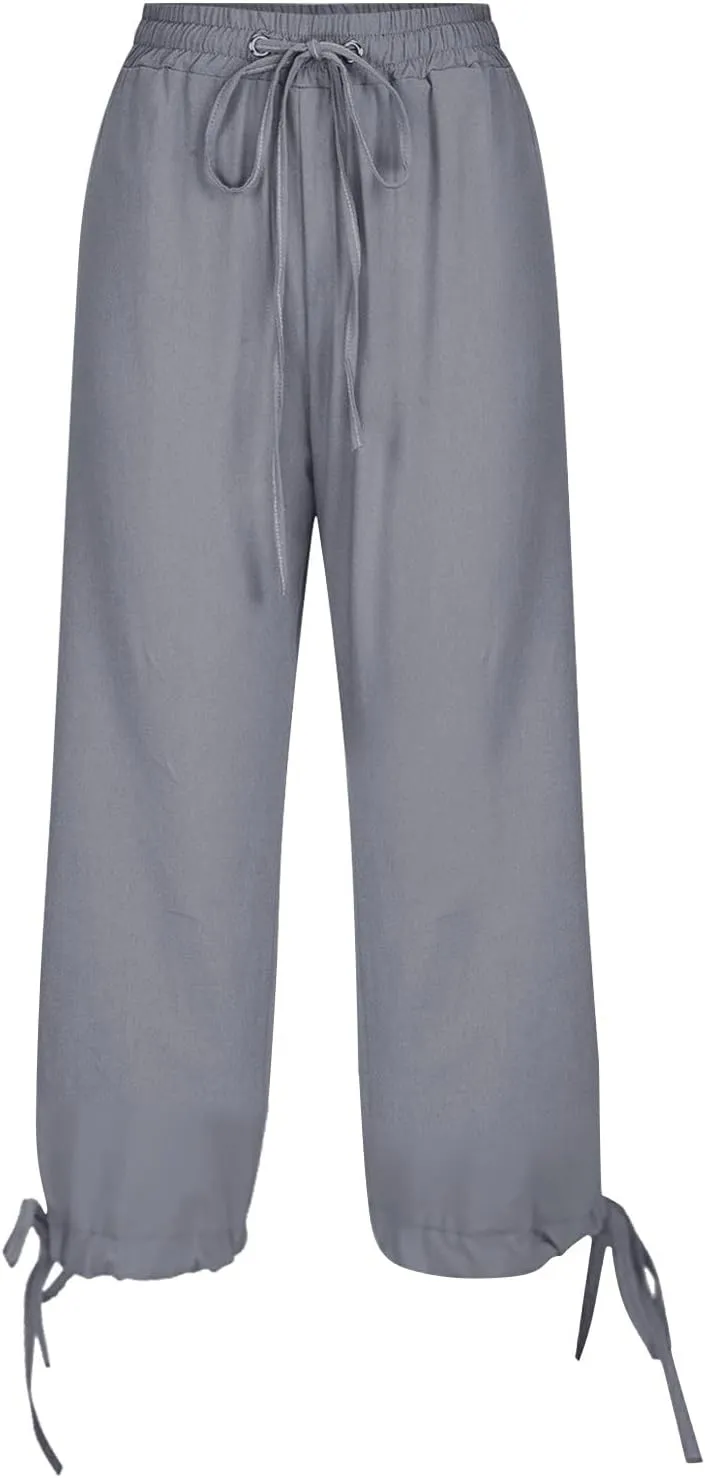 Linen Pants Women- Drawstring with Pockets Striped Loose Baggy Travel Trendy Light Weight Stretch Jogging Workout