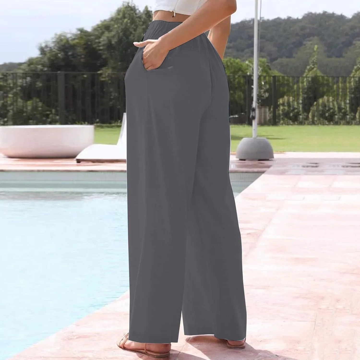 Linen Pants Women Wide Leg Elastic Waist Palazzo Pants Casual High Waisted Trousers with Pockets
