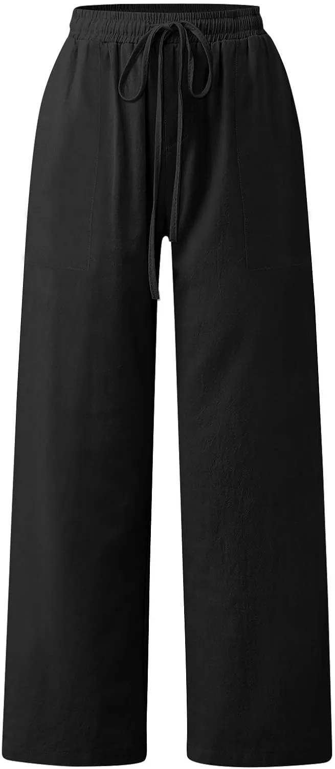 Linen Pants Women Wide Leg Elastic Waist Palazzo Pants Casual High Waisted Trousers with Pockets