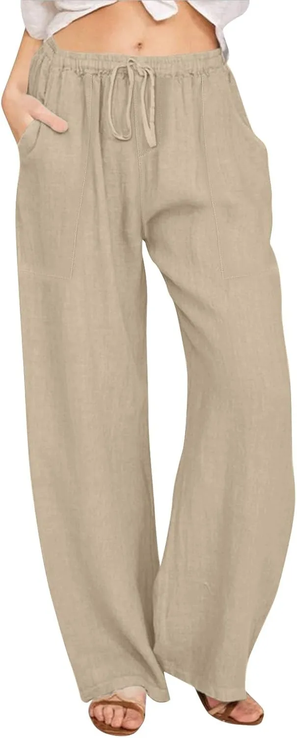 Linen Pants Women Wide Leg Elastic Waist Palazzo Pants Casual High Waisted Trousers with Pockets
