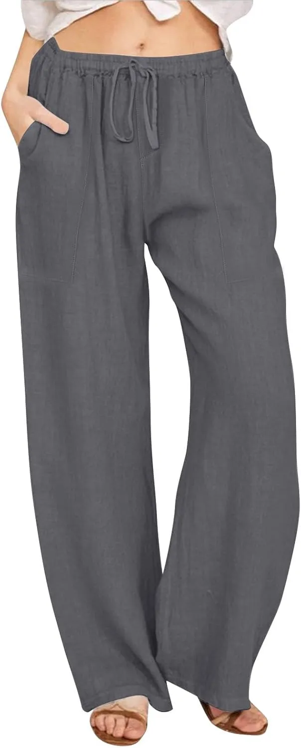 Linen Pants Women Wide Leg Elastic Waist Palazzo Pants Casual High Waisted Trousers with Pockets