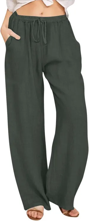 Linen Pants Women Wide Leg Elastic Waist Palazzo Pants Casual High Waisted Trousers with Pockets