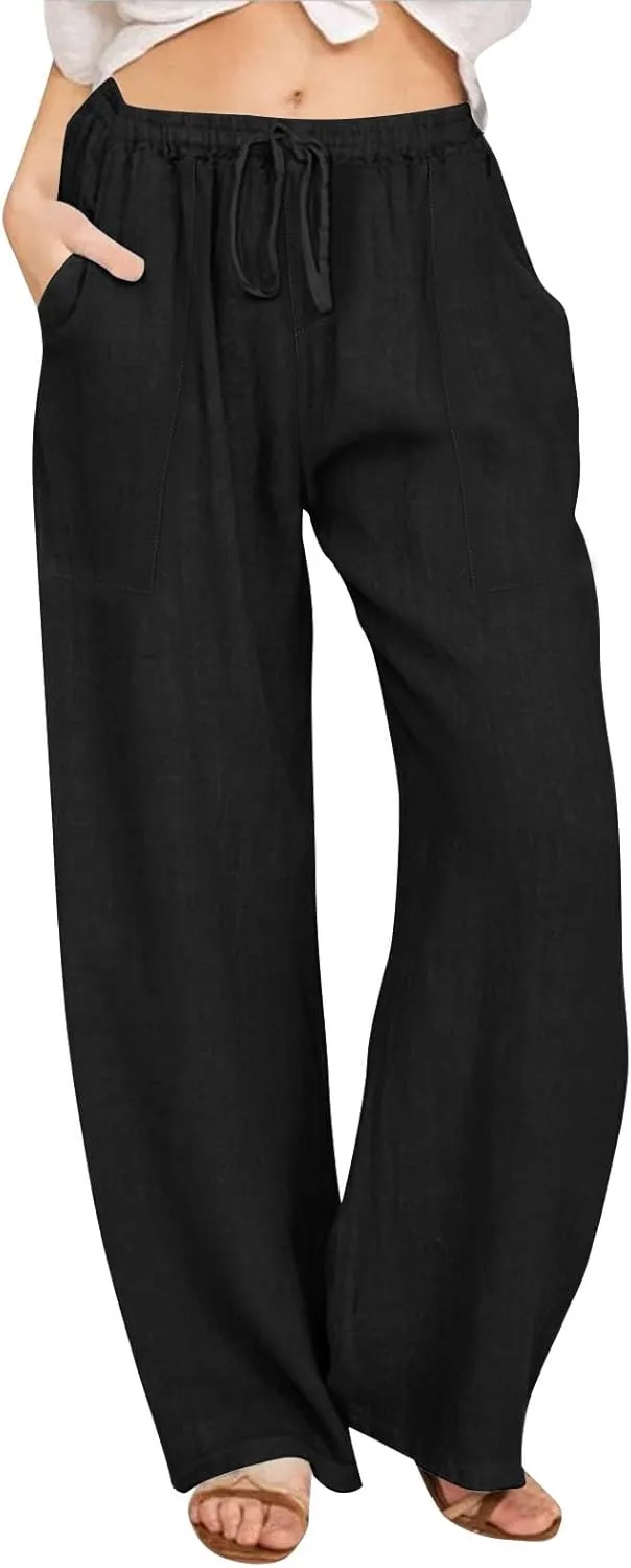 Linen Pants Women Wide Leg Elastic Waist Palazzo Pants Casual High Waisted Trousers with Pockets