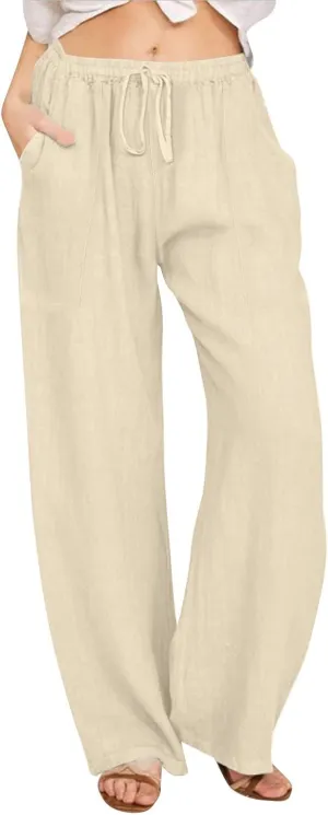 Linen Pants Women Wide Leg Elastic Waist Palazzo Pants Casual High Waisted Trousers with Pockets