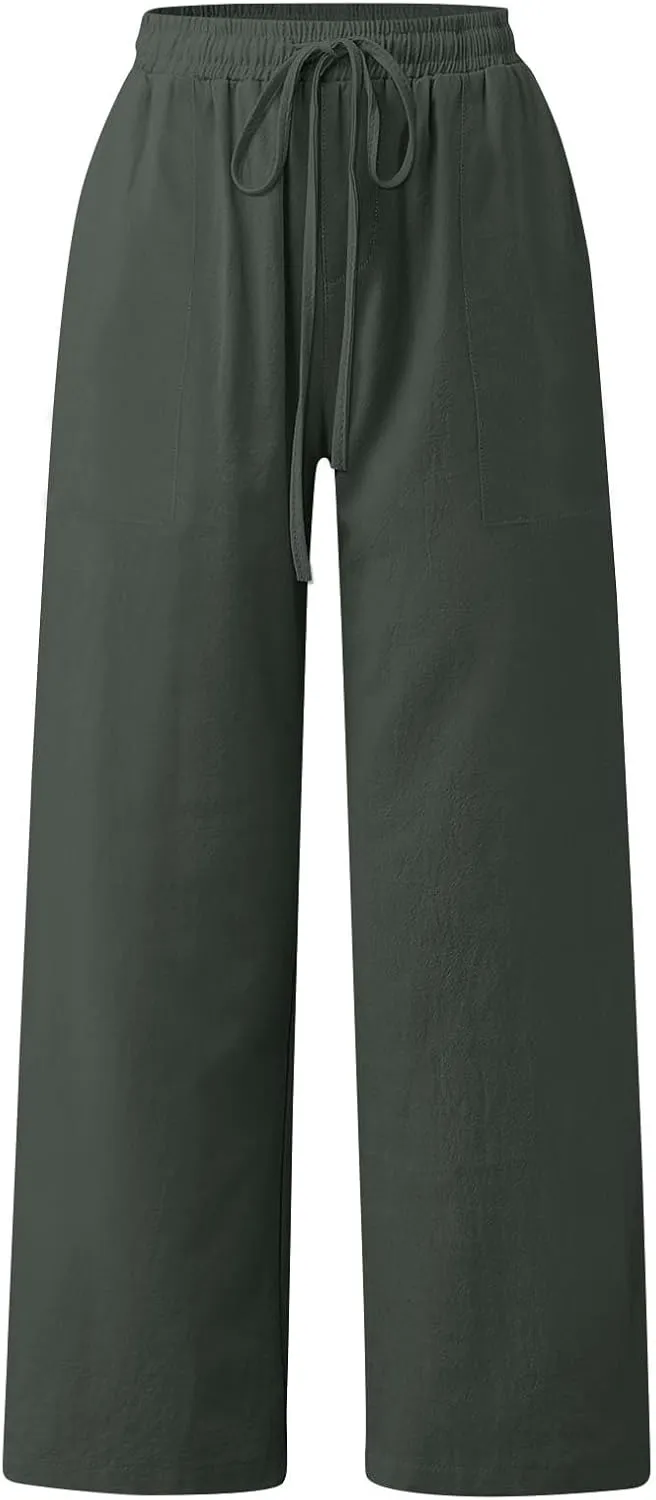 Linen Pants Women Wide Leg Elastic Waist Palazzo Pants Casual High Waisted Trousers with Pockets