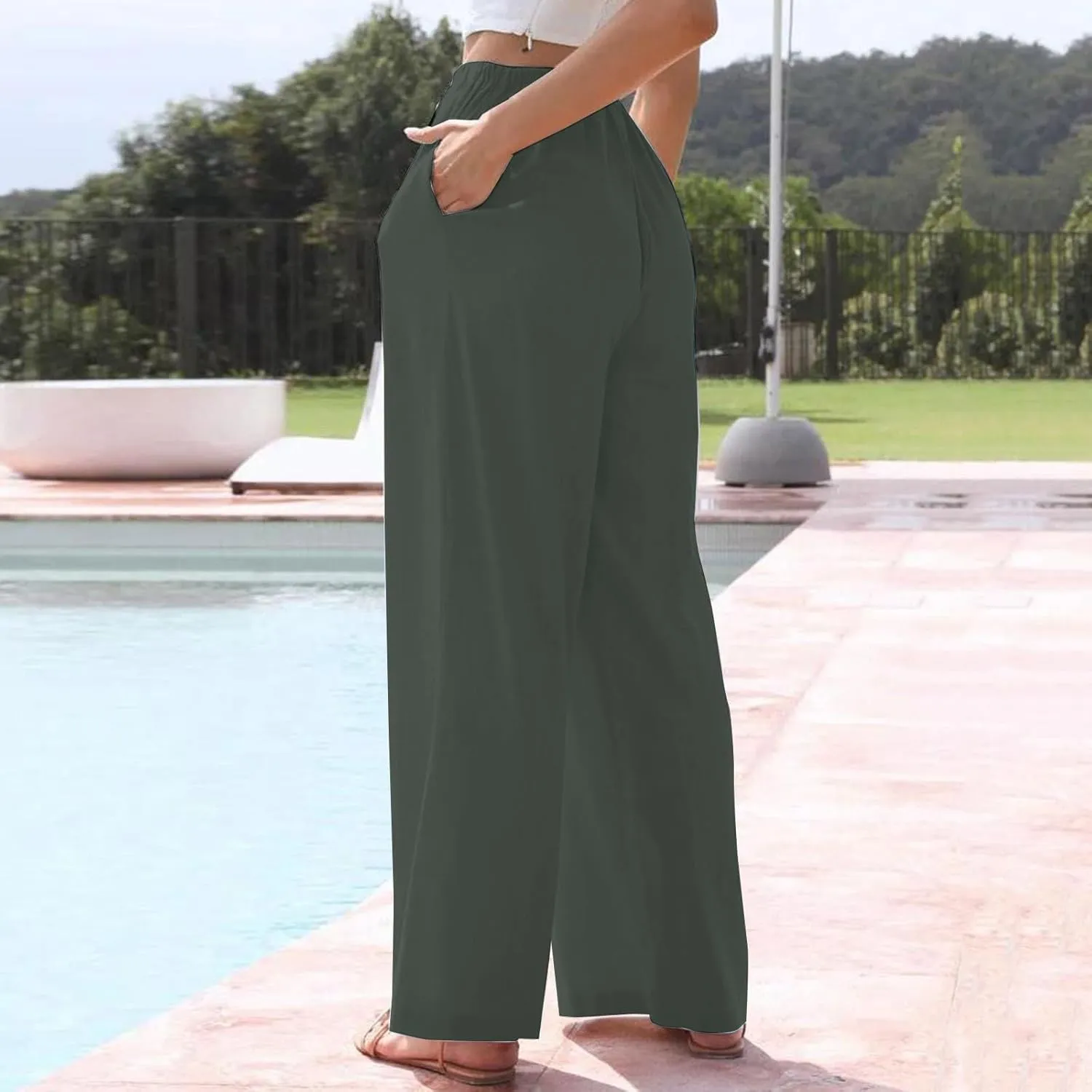 Linen Pants Women Wide Leg Elastic Waist Palazzo Pants Casual High Waisted Trousers with Pockets