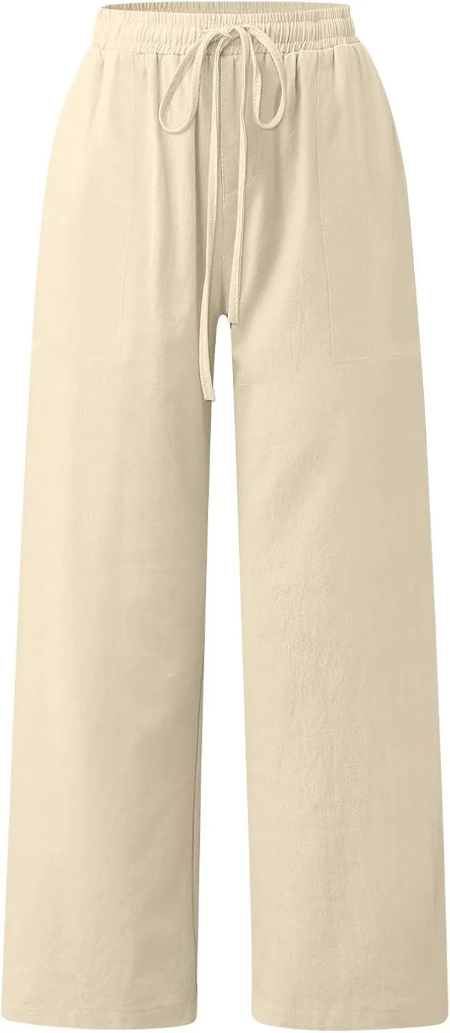 Linen Pants Women Wide Leg Elastic Waist Palazzo Pants Casual High Waisted Trousers with Pockets