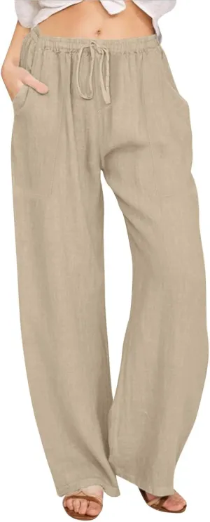 Linen Pants Women Wide Leg Elastic Waist Palazzo Pants Casual High Waisted Trousers with Pockets