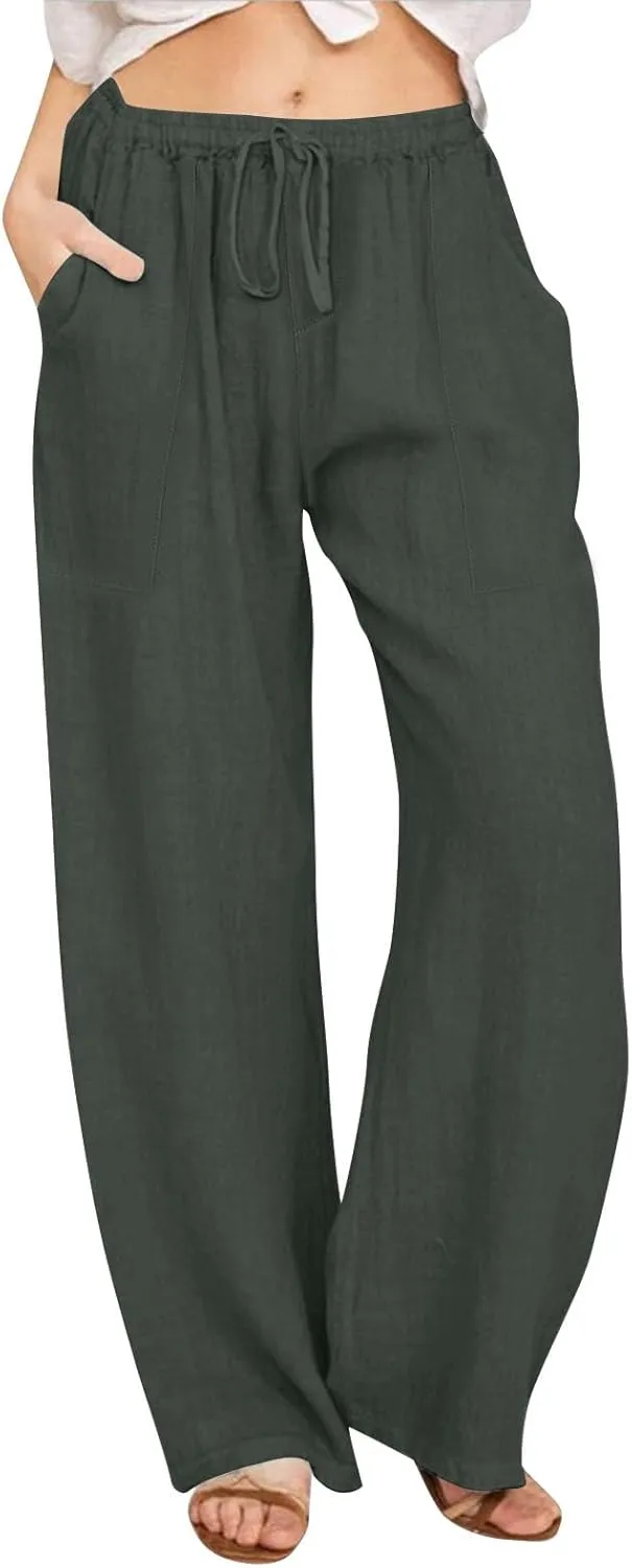 Linen Pants Women Wide Leg Elastic Waist Palazzo Pants Casual High Waisted Trousers with Pockets