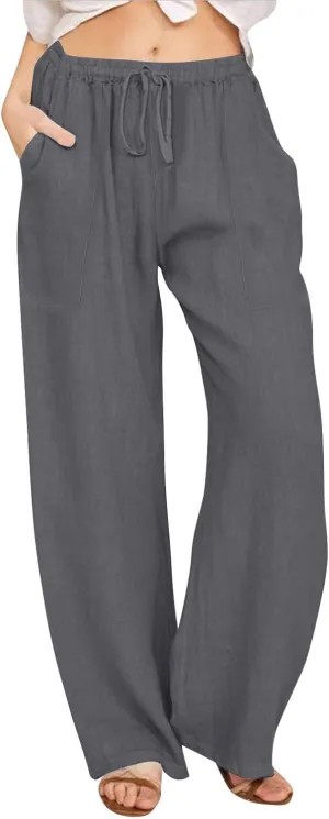 Linen Pants Women Wide Leg Elastic Waist Palazzo Pants Casual High Waisted Trousers with Pockets