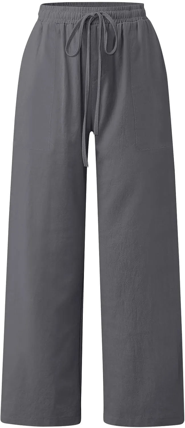 Linen Pants Women Wide Leg Elastic Waist Palazzo Pants Casual High Waisted Trousers with Pockets
