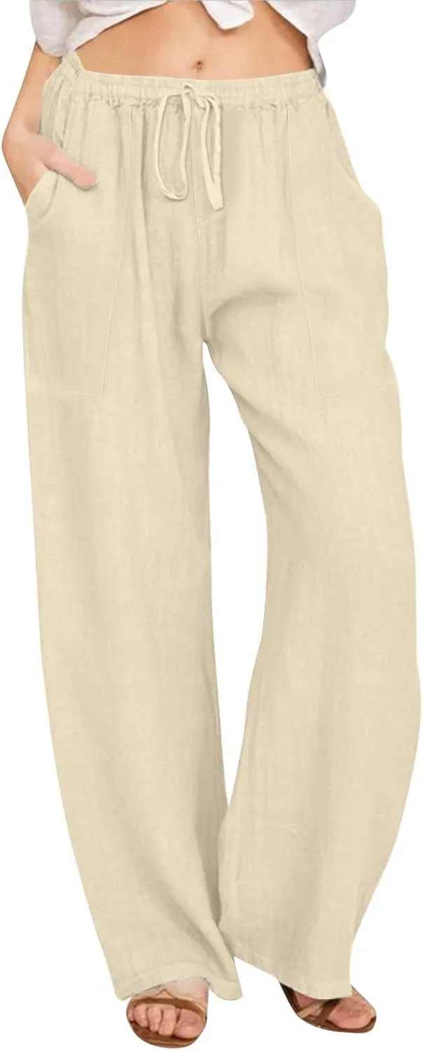 Linen Pants Women Wide Leg Elastic Waist Palazzo Pants Casual High Waisted Trousers with Pockets
